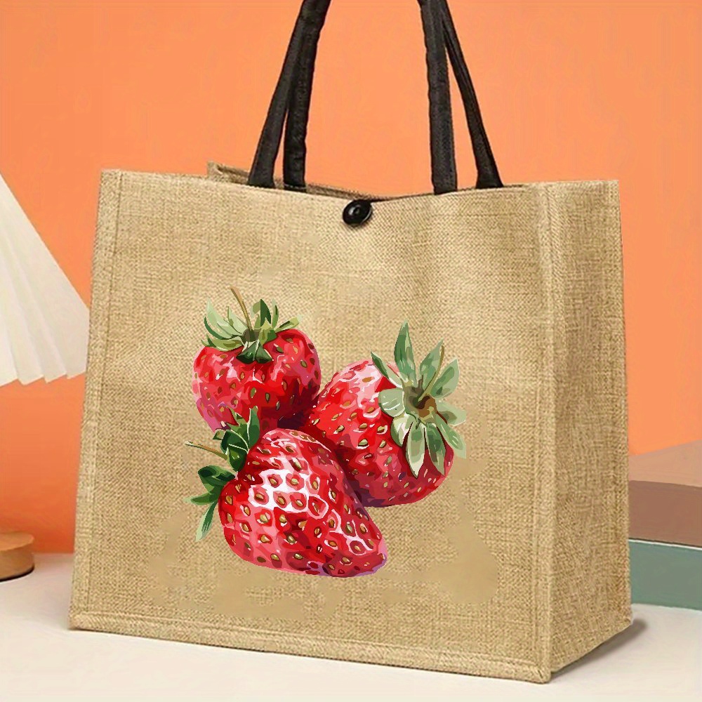 Fruits Tote Bag, Strawberry Printed Handbag Large Capacity Trendy Jute Bags For Outdoor Picnic, Party, Traveling, Shopping