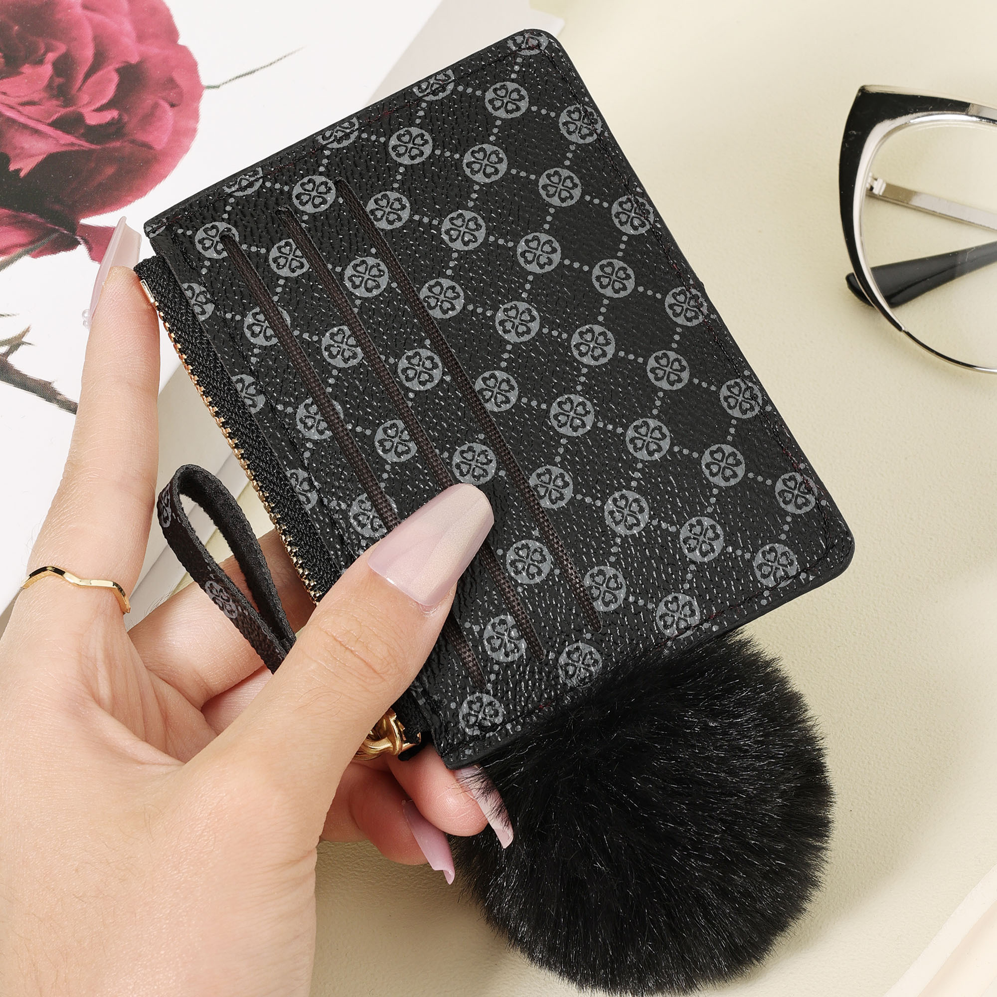 Image of Mini Retro Printed Fashionable Credit Card Cover With A Delicate Pom-pom, Ultra Thin , Women's Casual Handbag