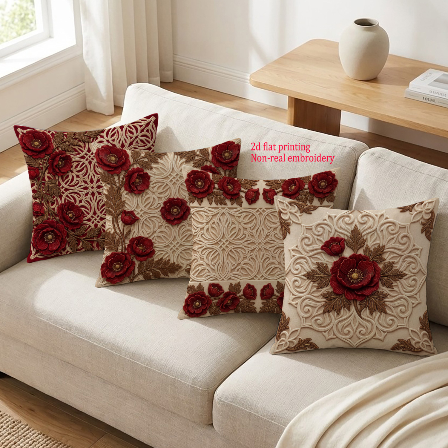 TEMU 4pcs 2d Flat Boho Red Poppy Ornate Pillowcase Set, Bohemian Red Poppy Floral Print, Peach Faux Fur Material, Living Room/bedroom Vintage