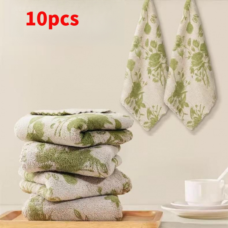 Image of 10pcs Kitchen Dish Cloth Cleaning Towel Coral Material Green Rose Pattern Wash Wipe Table Countertop Stove Sink Home Use Soft Thick Lint Reuse Holiday