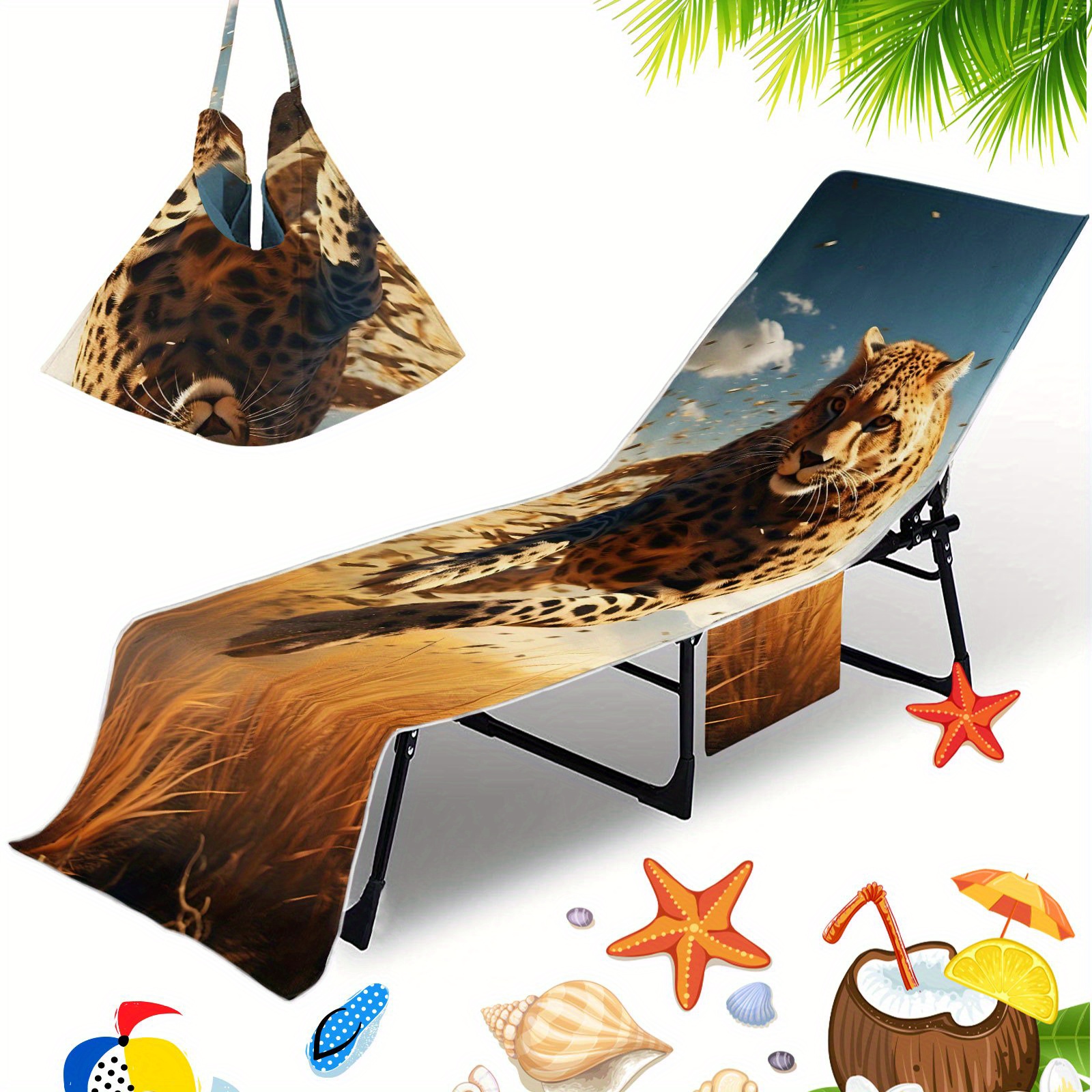 TEMU 1pc Of Animal Pattern Designed Beach Chair Cover With Side Pocket, Microfiber Lounge Chair Towel Cover Suitable For Sun Loungers, Poolside