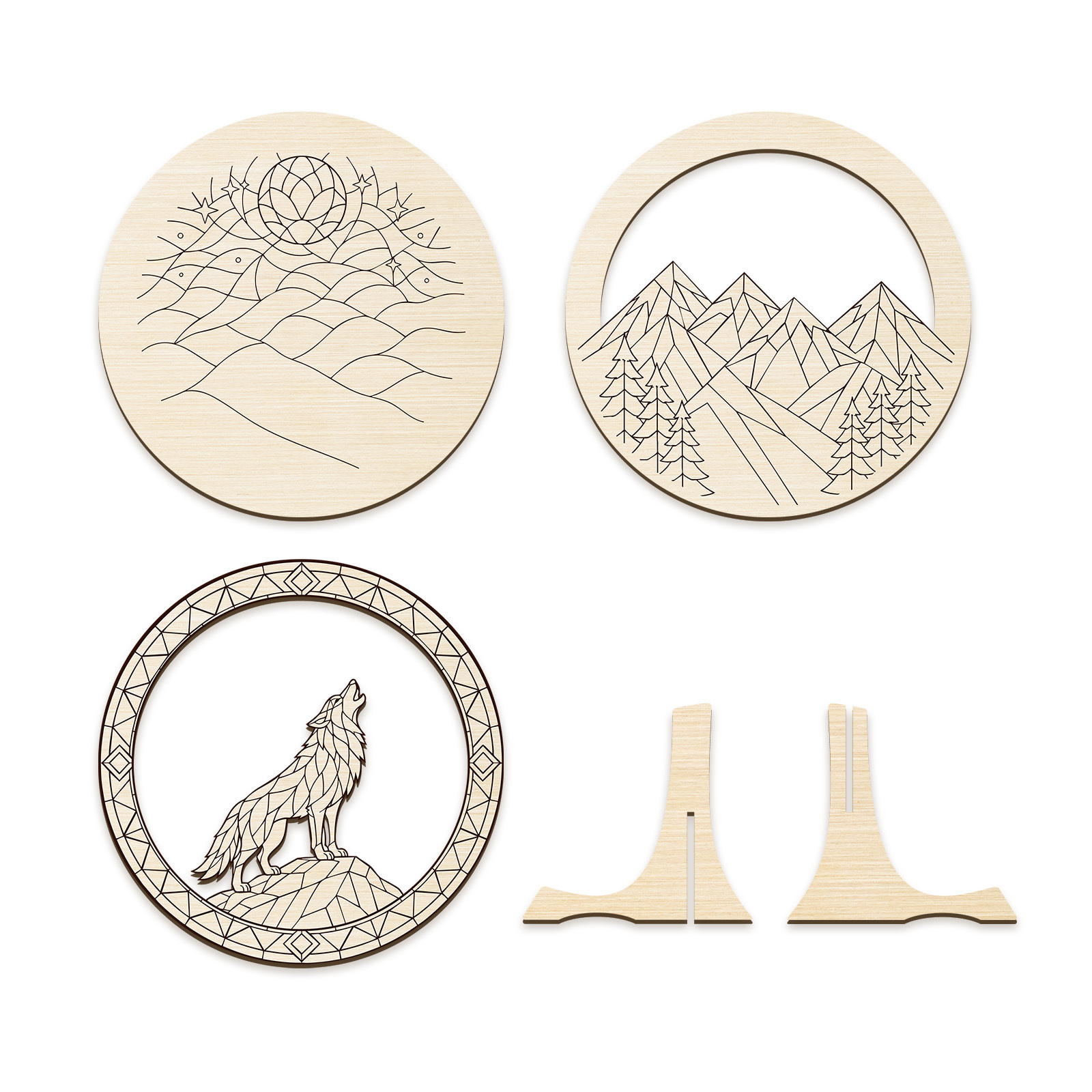 TEMU A Wooden Round Art Set, 3-tier Circular Wooden Decoration, Wolf Mountain Moon Design, Wooden Craft Kit, Suitable For Home Wall Projects