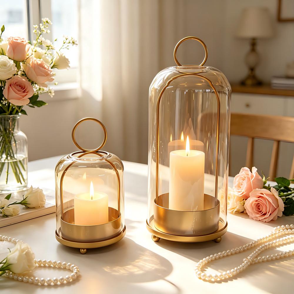 TEMU Multifunctional Hurricane Glass Candle Holder Set Of 2 Camping Ambient Lantern Romantic Indoor Outdoor Decor Golden Metal Windproof Lamp Mothers