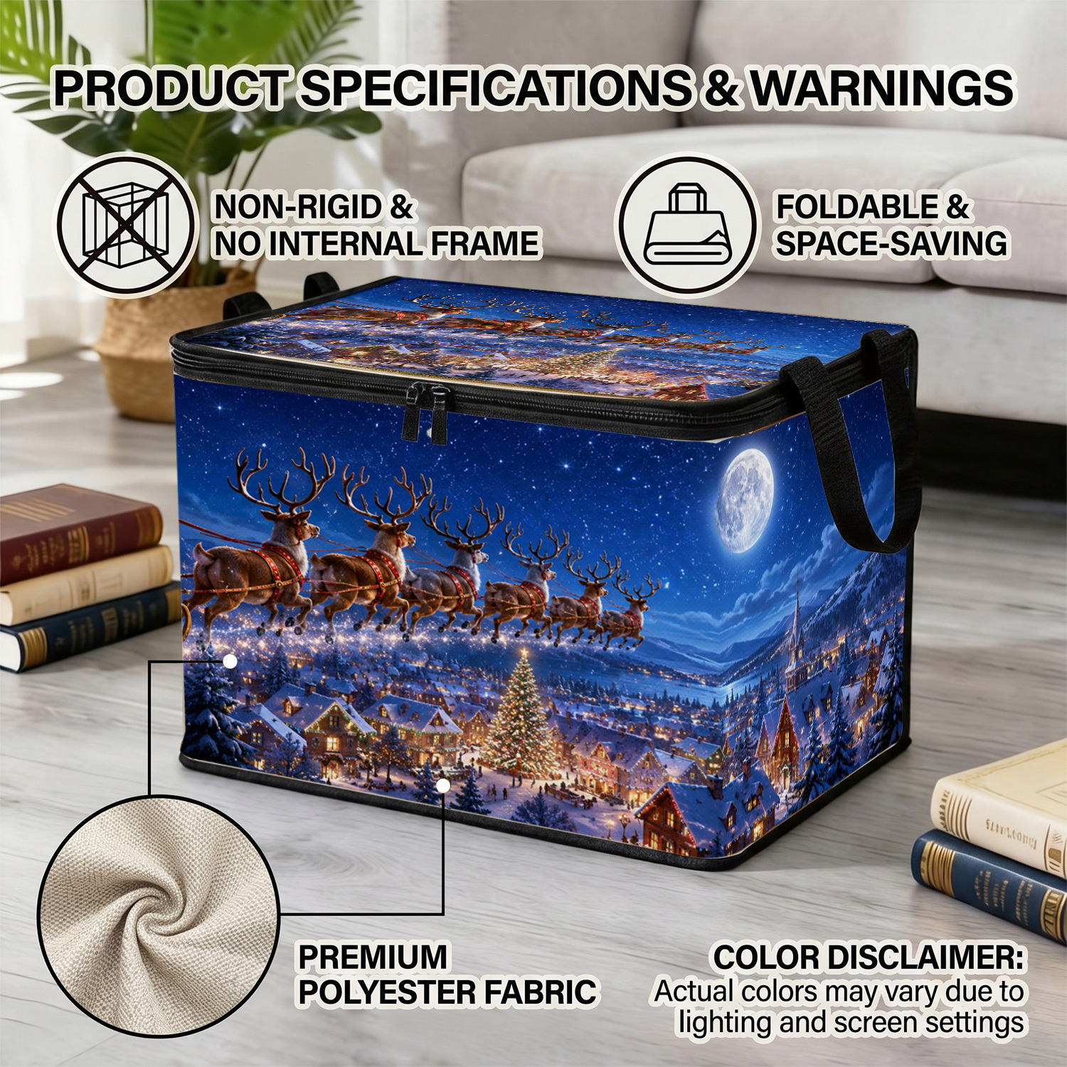TEMU 1pc Extra Large Foldable Zippered Storage Box, Night Town Scenery Design. Suitable For Storing Clothes, Pants, And Bedding. Under-bed Storage