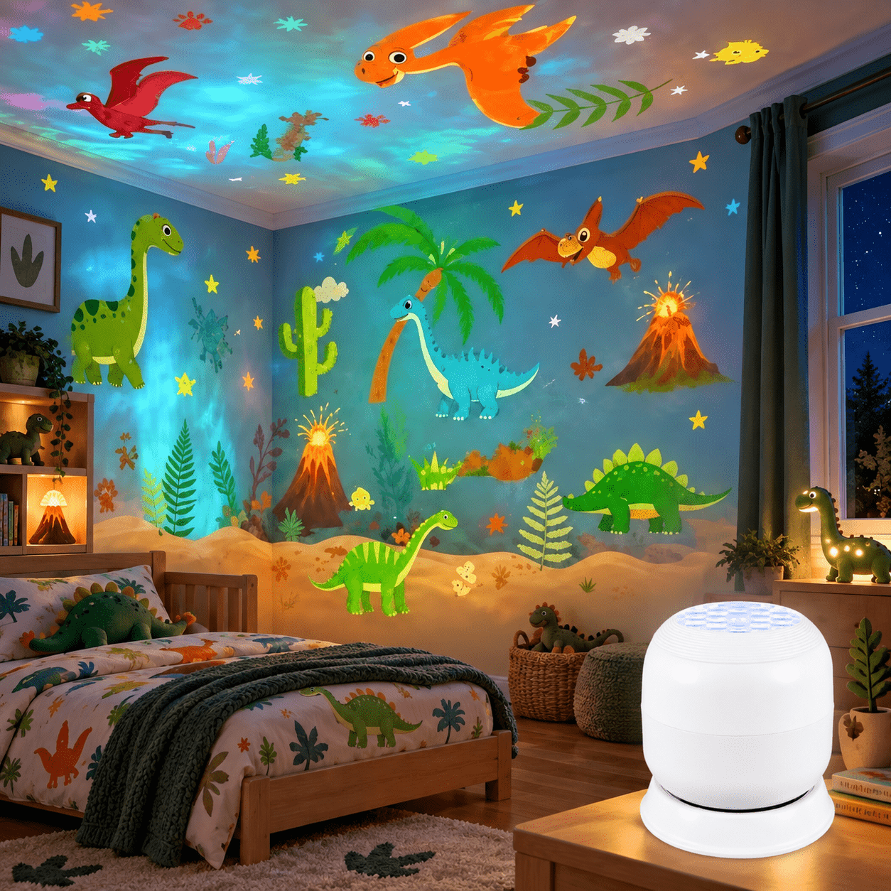 TEMU 360° Rotating Dinosaur Projection Night Light, Dynamic Led Projector Lamp, Fantasy Dinosaur-themed Ambient Light For Bedroom, Bedside Décor,