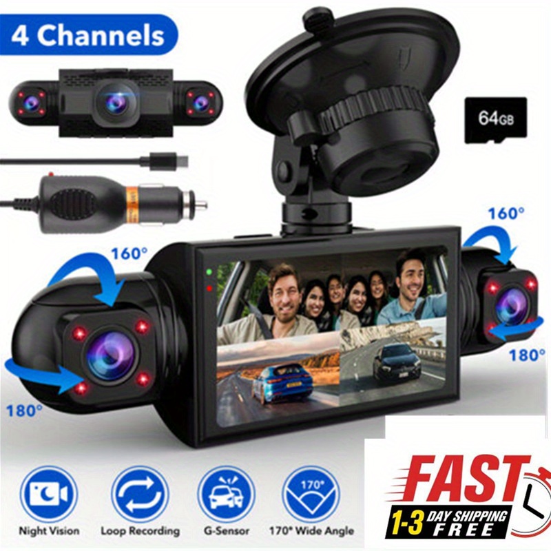 Dual Dash Cam 4K Front + 1080P Rear – 5GHz WiFi, 360° Swivel Rear Camera, App, G-Sensor, 64GB Card