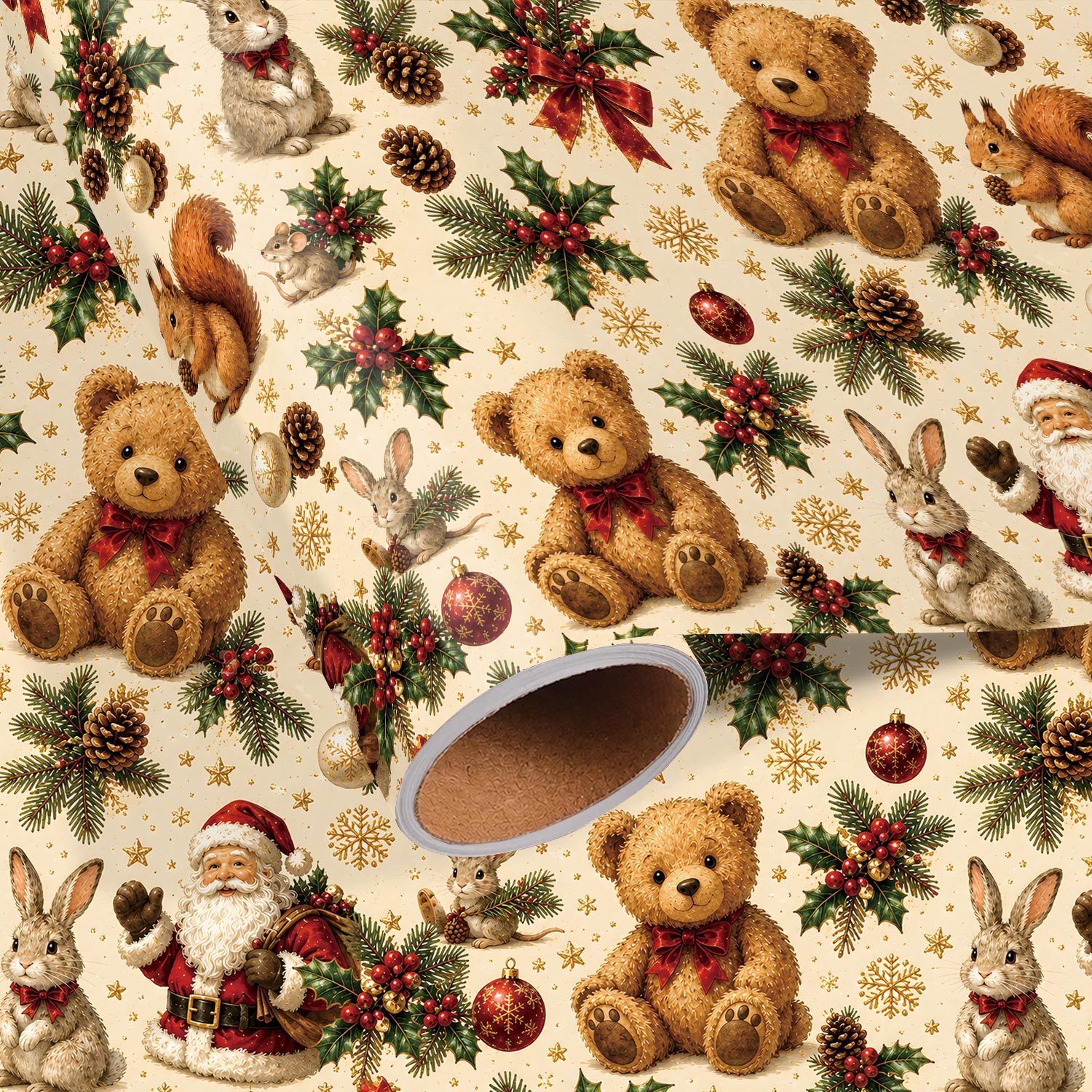 TEMU 1 Roll Vintage Christmas Wrapping Paper - Xmas Little Bear, Santa Claus, Rabbit Pattern, Designs For Holiday - Measuring 45cm X 300cm (17.7in X