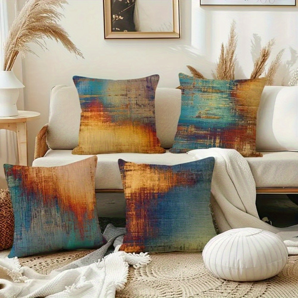 4pcs vintage gradient geometric print pillow covers double sided soft plush decorative pillowcases with zipper closure machine washable multiple sizes for living room bedroom sofa bedroom accessories retro aesthetic decor durable fabric cover 2d flat Product details 5