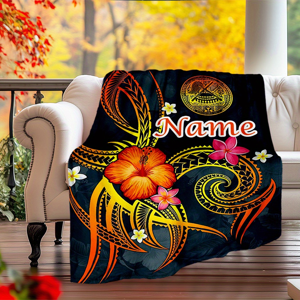 TEMU [240g/m2 Weight] 1pc Polynesian Tattoo Design Outdoor Customizable Name Blanket - Comfortable, Soft, Lightweight, Blanket For Travel, Camping,