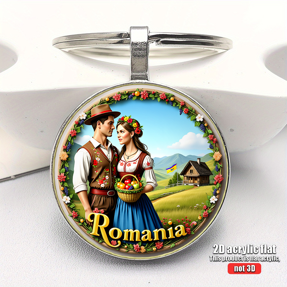 TEMU 2d Flat - 1pc Traditional Romanian Couple Themed Keychain | 2d Flat, Pendant With Iron Chain, Ideal For Keys, Bags, And Additions, Perfect Gift