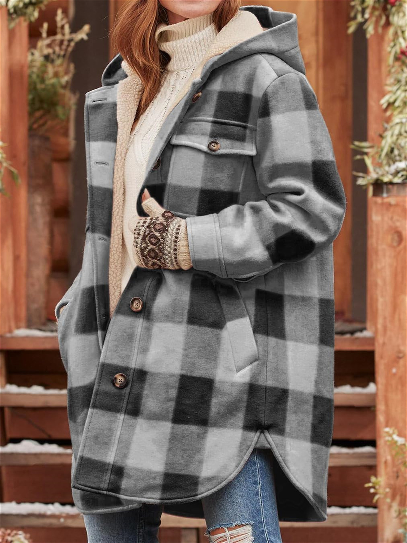 womens long hooded shacket cozy flannel button jacket - Temu