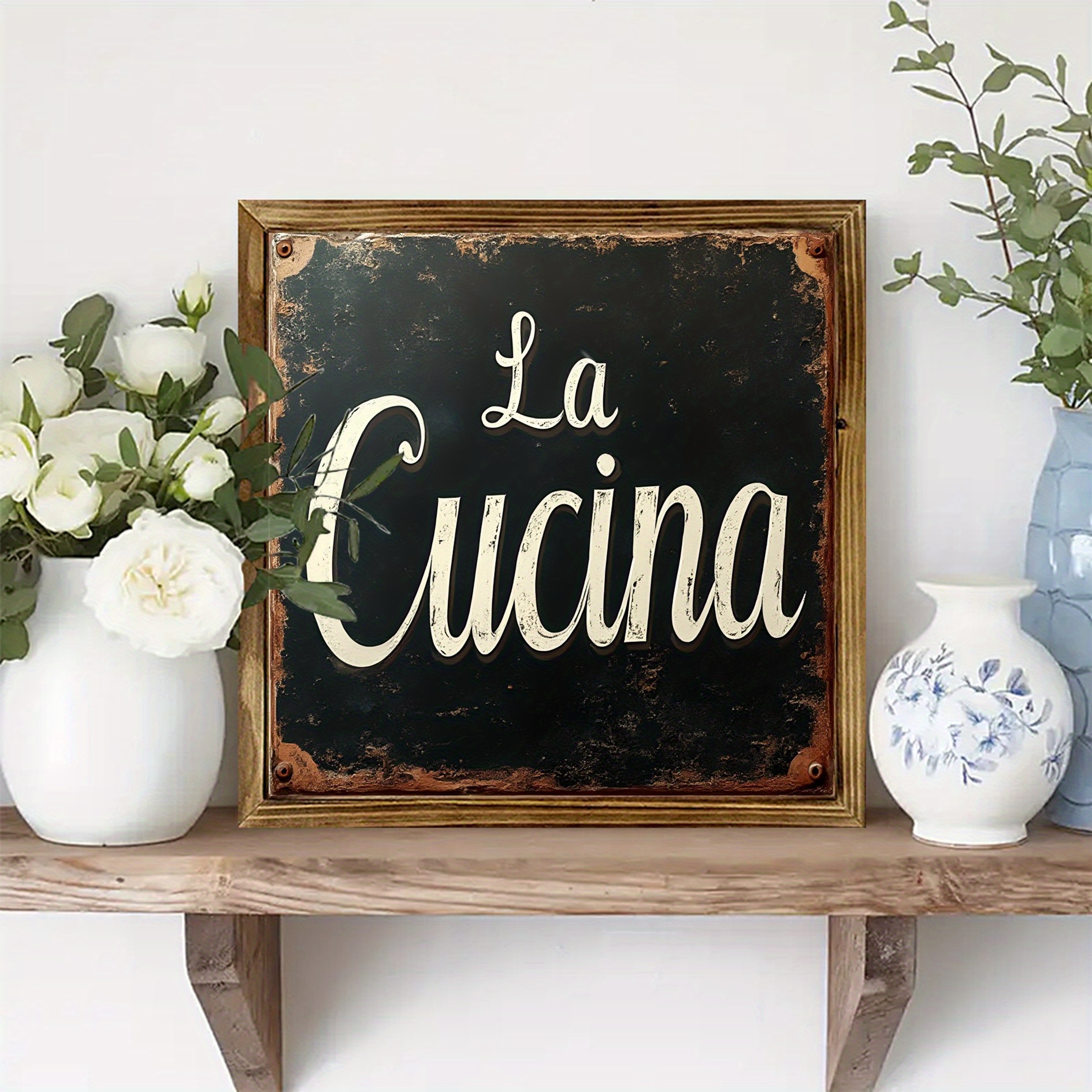TEMU 2d Flat Printing, Italian Style Wooden Wall Art Frame With "" Kitchen Decor, Easy To Hang - Suitable For Home, Office, Cafe, Living Room, Ideal