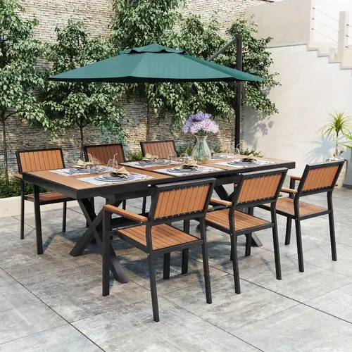 dining with a flexible set including six chairs and a table that extends from 62 82 6 inches for personalized arrangements