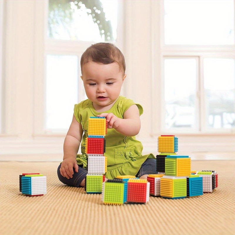 Infantino 24pcs Multicolor Press & Stay Sensory Blocks for Babies - Soft Silicone Building Blocks with Alphabet & Number Design, Non-Toxic Educational Toys for Motor Skills Development, Toddler Toy Building Blocks, Playful Design, Safe Infant Material, Without Battery