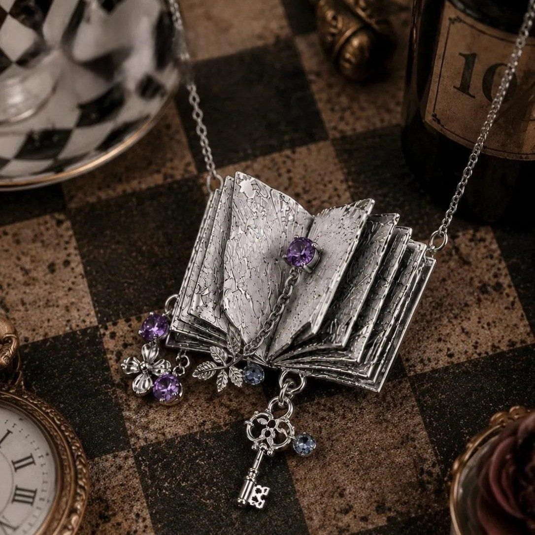 TEMU Pendentif Collier Clé Livre Magique Vintage pour Clavicule, Collier Style Médiéval avec Fleur et Feuille Violettes