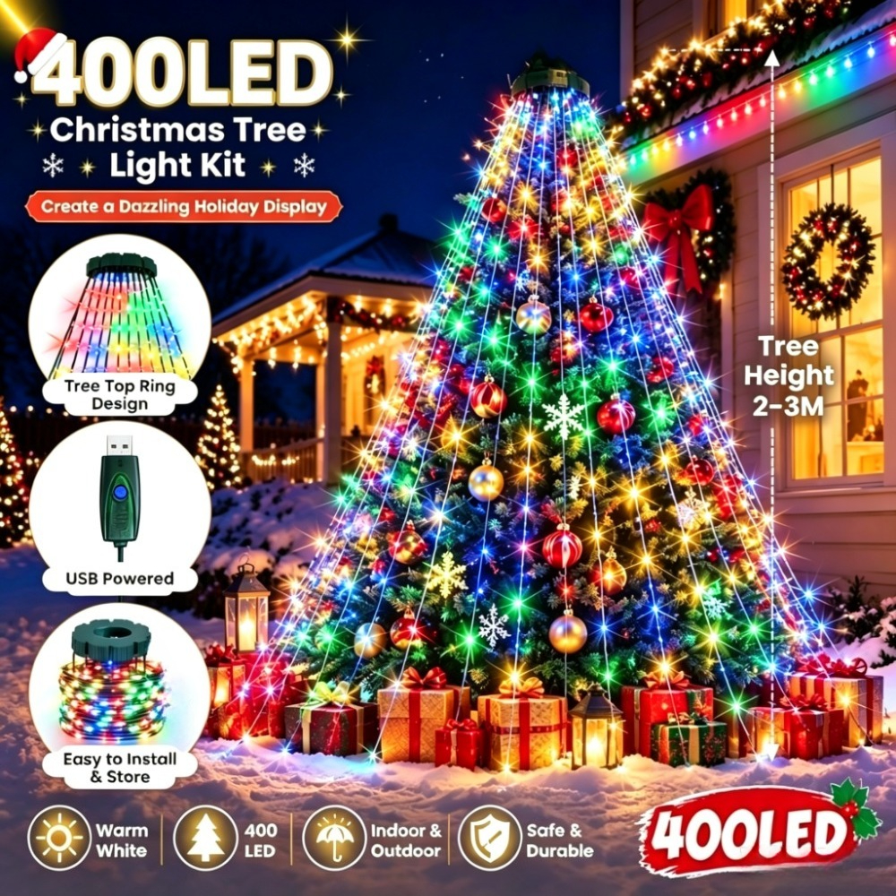 TEMU 400/220 Led Christmas Waterfall Tree Lights, Usb Powered, 8 Lighting Modes, Led Tapered Tree String Lights, /colorful/warm White Tri-color