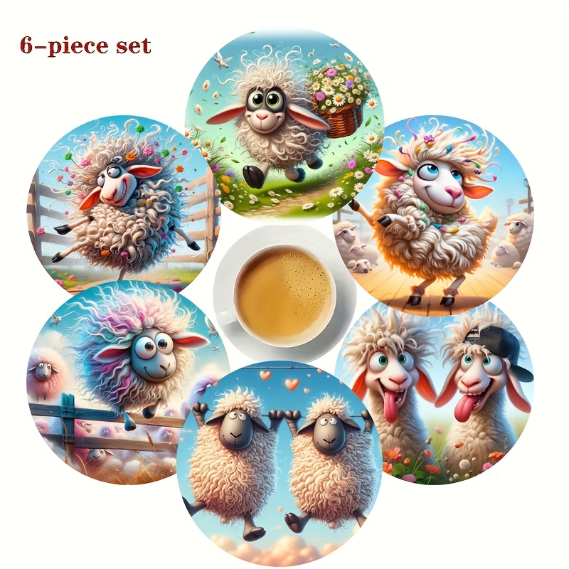 TEMU A Set Of 6 2d Wooden Coasters Featuring A Cute - Round, Heat-resistant, And Non-slip, Showcasing A And , Making It An For Home Decor And Gifts,