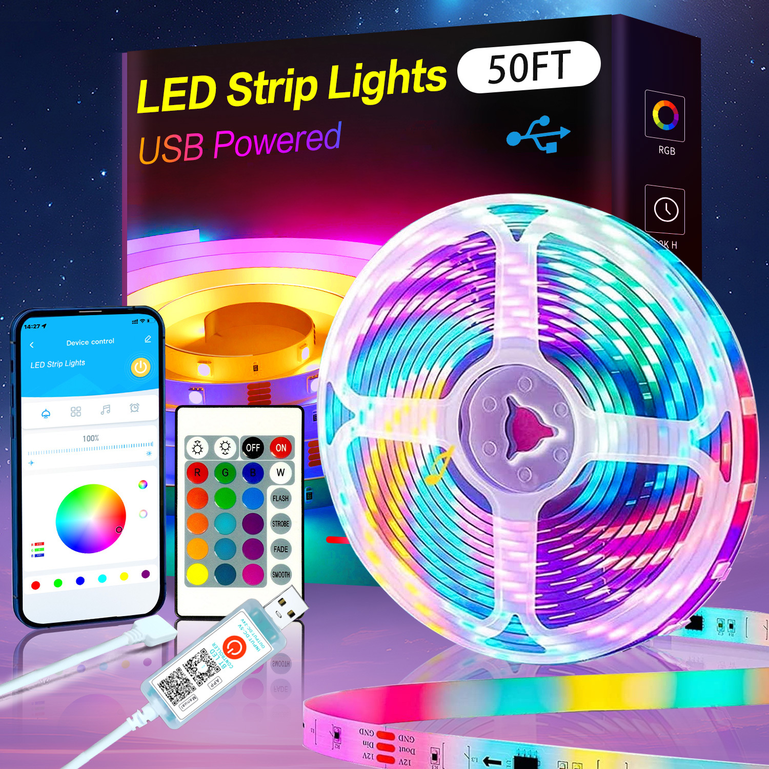 50ft smart rgb led strip lights usb powered music sync   control diy color   vibrant multicolor lighting for bedroom gaming room party decor gaming lights for bedroom