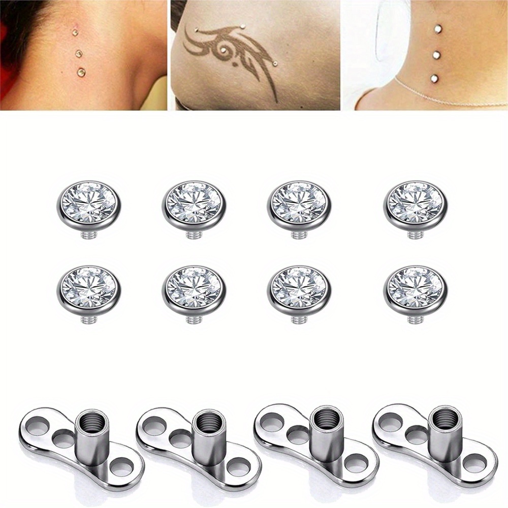 TEMU 8pcs Surgical Steel Dermal Piercing Jewelry Tops 4pcs Base For Women Men Cubic Micro Dermal Anchor Tops Base Dermal Piercing