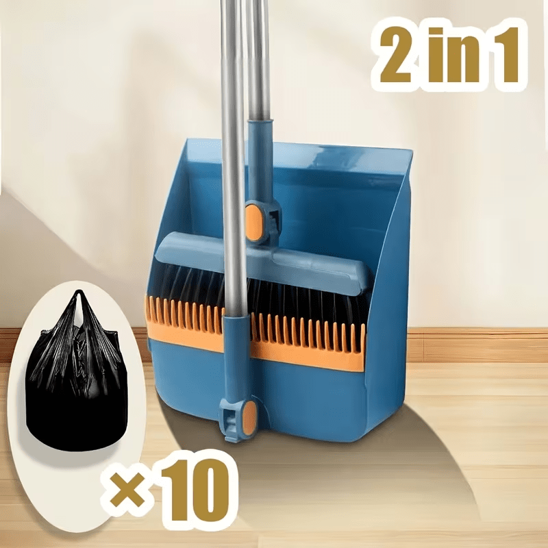TEMU 3-in-1 Foldable Broom Mop & 10 Garbage Bags With Ergonomic Handle & Flexible Head - Space-saving Multi-surface Suitable For Hard Floors, Compact