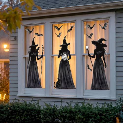 halloween decorations window clings 3 large window decals double sided window clings spooky black cat bats gothic decor for glass windows home indoor decoration 3 sheets