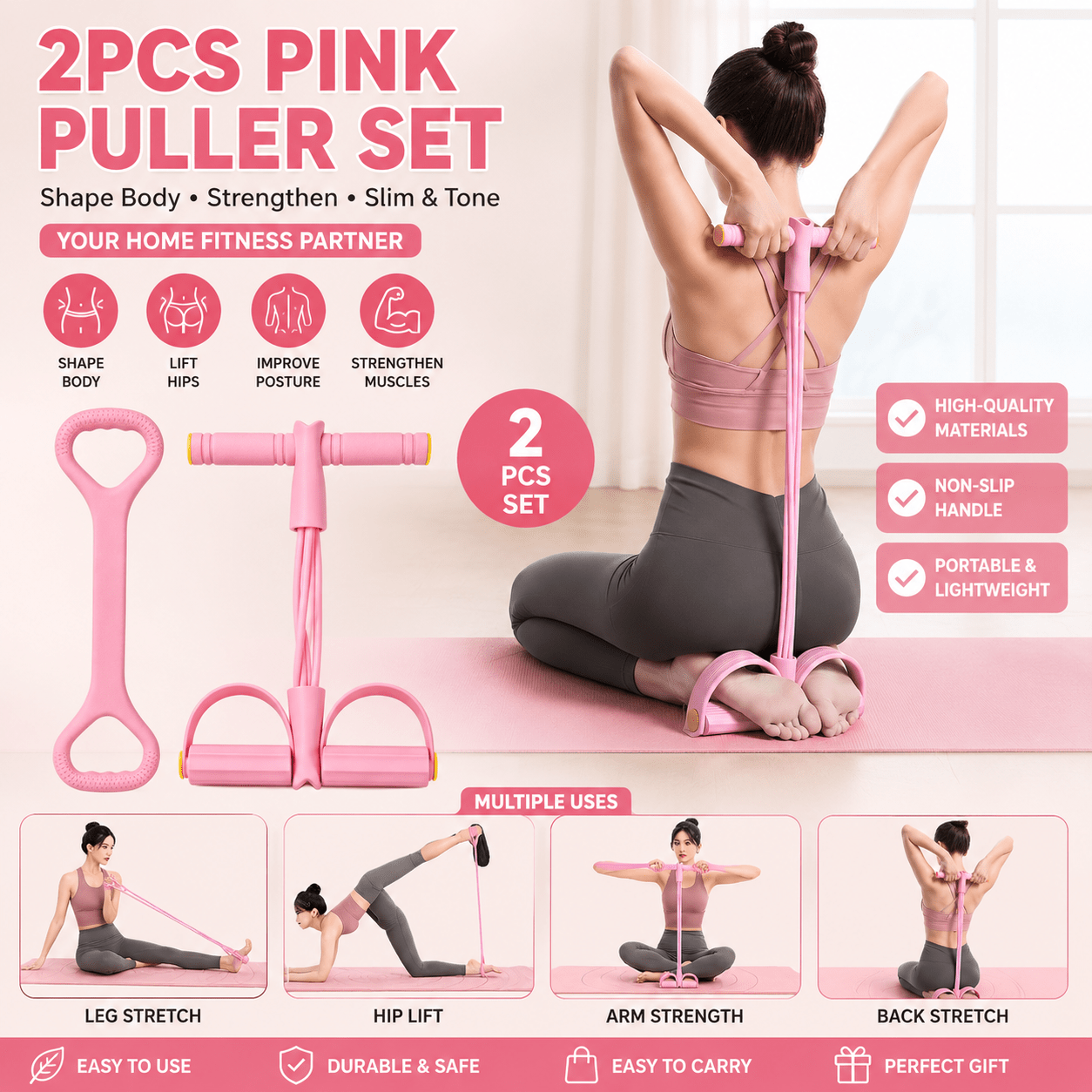 Temu 2pcs pink fitness resistance band set 8 shape shoulder back rope pedal sit up as