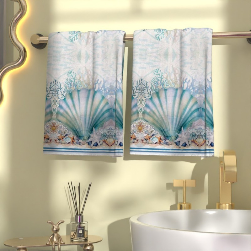 TEMU 2pcs Set Seashell Ocean-inspired Kitchen & Bathroom Towels - Ultra Soft, Polyester, Beach House Decor & Nautical Enthusiasts