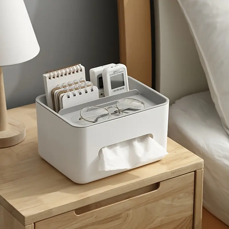 1 Stück Schreibtisch-Organizerbox aus poliertem Kunststoff mit Taschentuchhalter und Spannhalterung, multifunktionale Aufbewahrung für Fernbedienungen, Bürobedarf, leichtes, tragbares Design für den Heim- und Bürogebrauch, Details 2