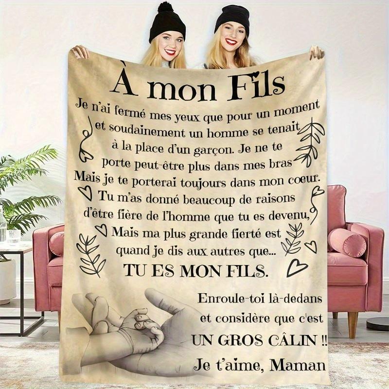 TEMU 1pc French Language Blanket - Heavy-duty 280gsm Soft With French Text & French Quotes (e.g. ", Maman, Fils") - Beige/ - Birthday Gift For ,