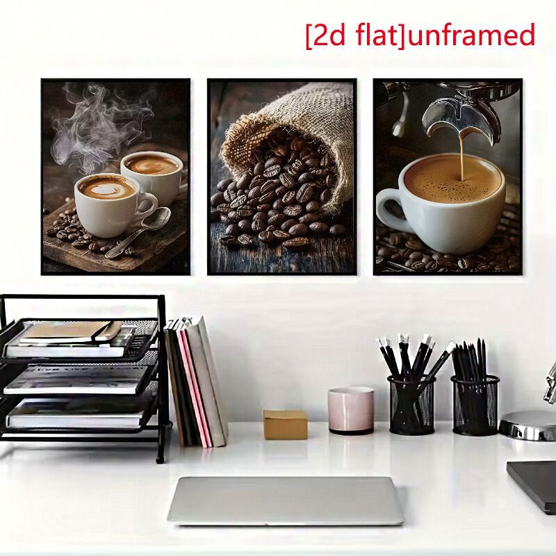 TEMU 2d Flat, (2d Flat) 3pcs High-quality Coffee Canvas Print Posters Art Decorative Paintings, Wall Art For Coffee Bars Unframed Modern Coffee Bean