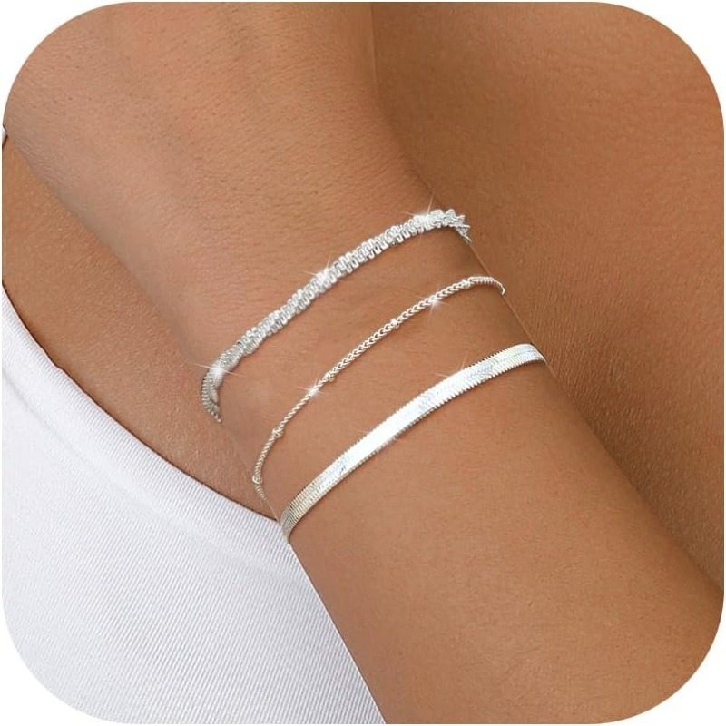 Image of 3pcs Bracelets For Women Layered Dainty Link Chain Bracelet Adjustable Stackable Bead Ladies Jewelry For Women