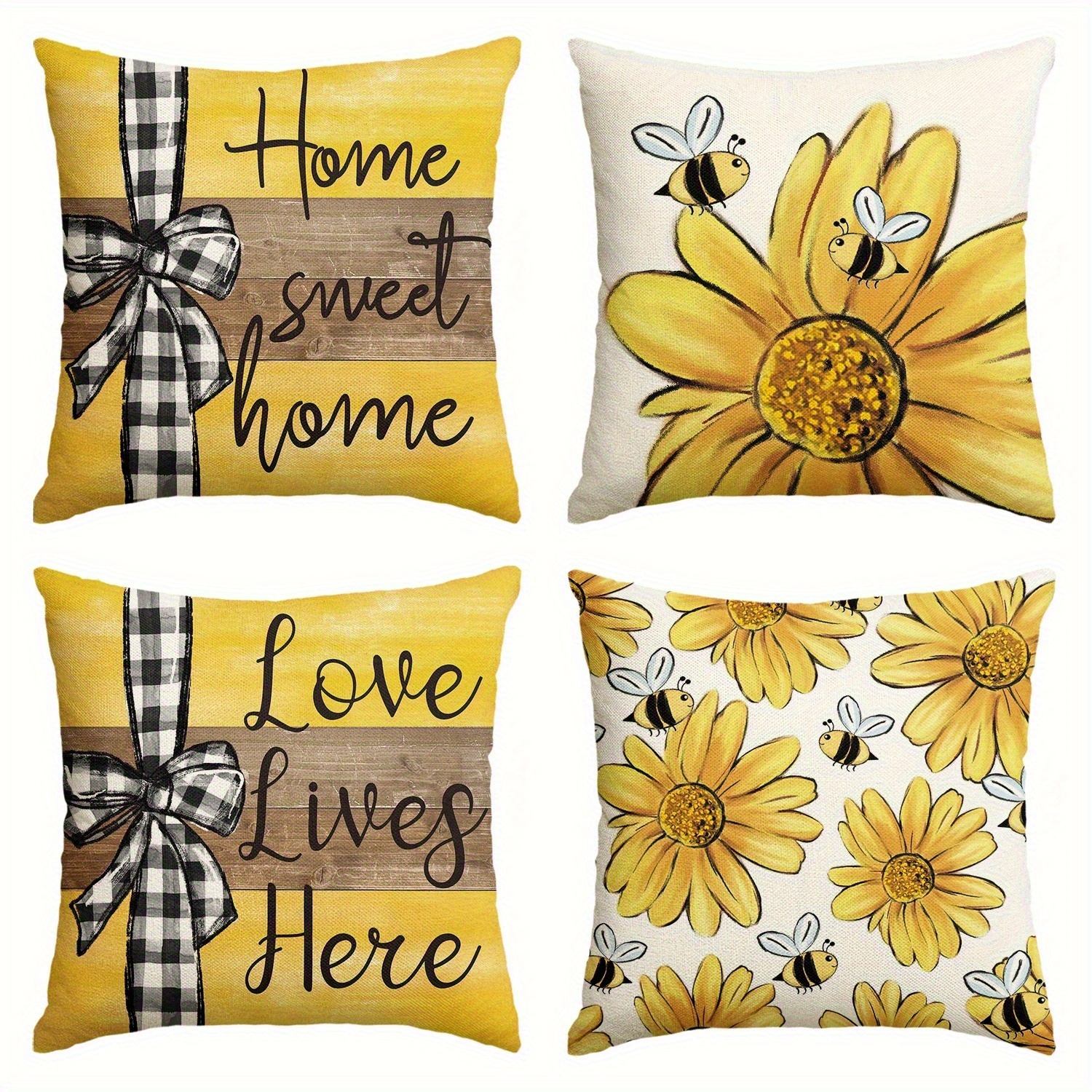 4pcs vintage floral   pillow covers double sided sunflower     sweet home text soft plush zipper closure cushion cases machine washable for living room bedroom sofa multiple sizes decorative pillow covers bedroom decor rustic charm decor textured fabric   accessories durable material home textiles   styling 2d flat Product details 4