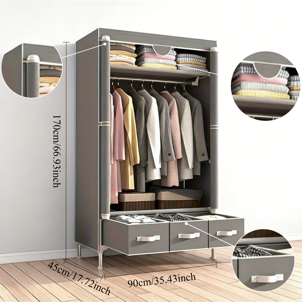TEMU Multifunctional Portable Gray Simple Wardrobe, Roller Shutter Door Wardrobe Design, Equipped With 3 Non-woven Storage Drawer Boxes, With