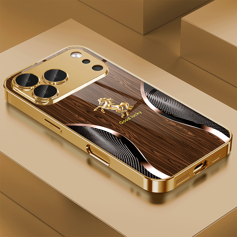 TEMU Phone Case - Wooden Background With Curved Golden Horse, Aesthetic High-end Personalized Pattern Plated Glass Phone Case For Iphone