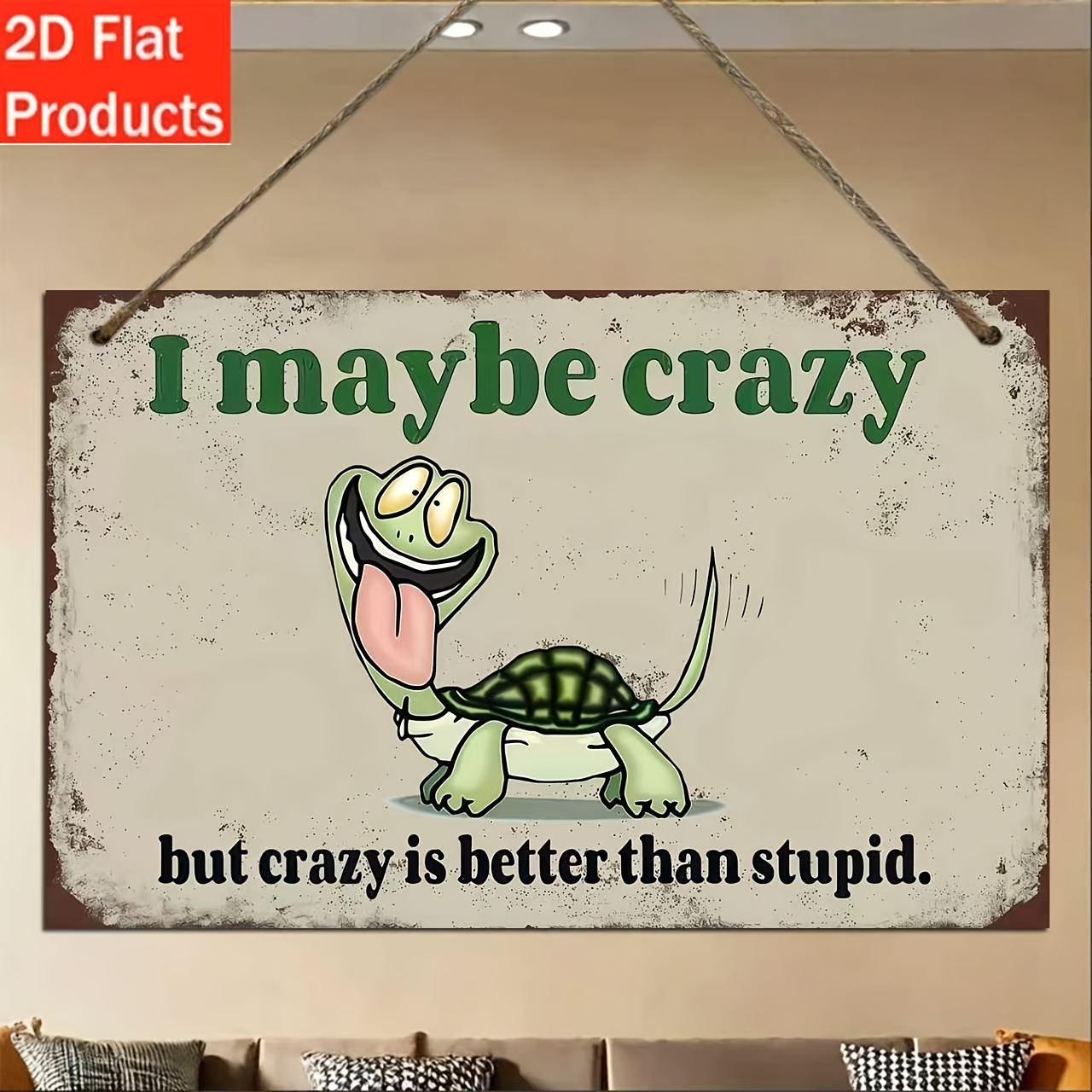 TEMU 2d Flat, 1pc Fun Turtle Wall Decor Sign " I'm Crazy, Garden, Porch, Bar - Vintage Rustic Style Plaque With Turtle And Humorous Quote, /
