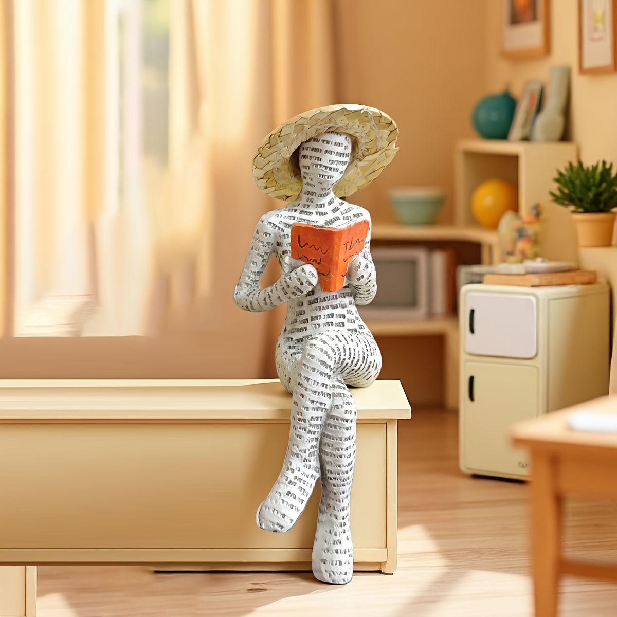 TEMU Juego de 2 piezas (1 sombrero y 1 estatua) Estatua de mujer leyendo, decoración multiusos para el hogar, resina a , artículo artesanal,