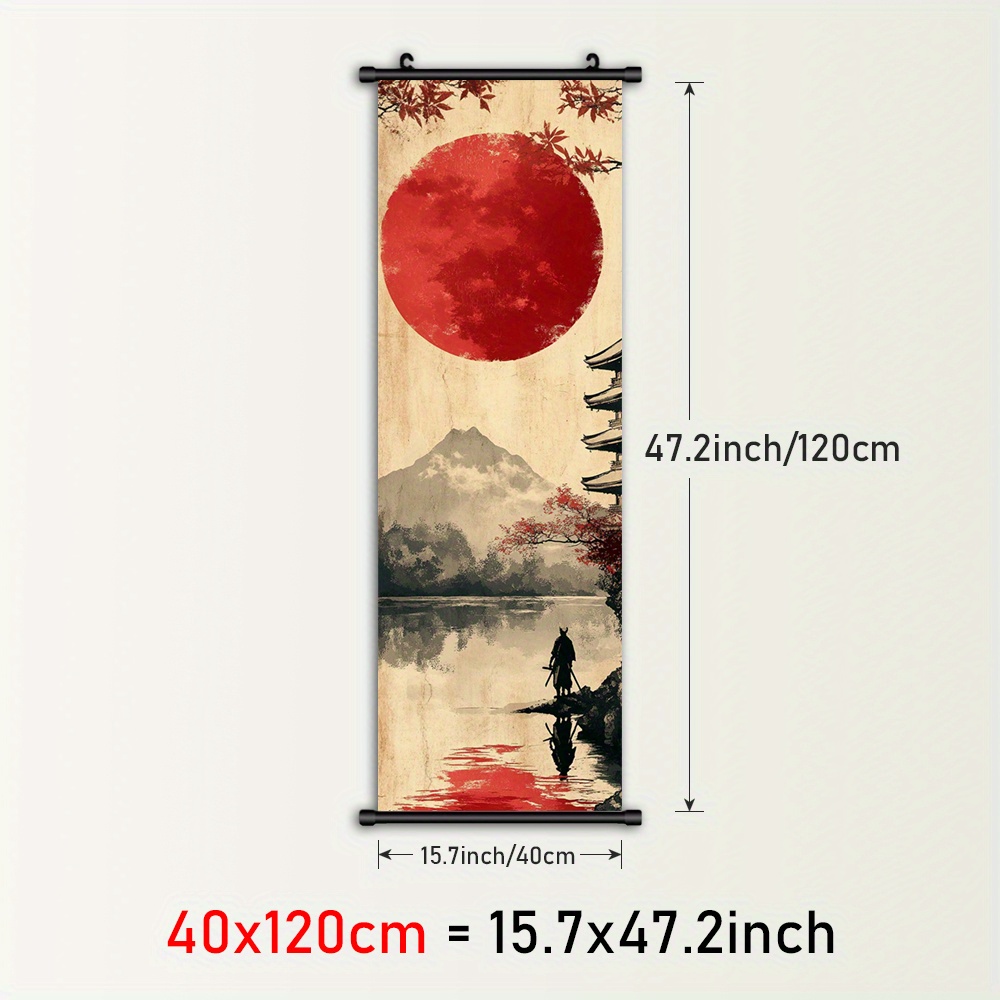 TEMU 1pc Framed Hanging Scroll Poster - Traditional Japanese Wall Art With Red Sun, Pagoda, And Mountain Landscape, Plastic Frame With Hanger, Ideal