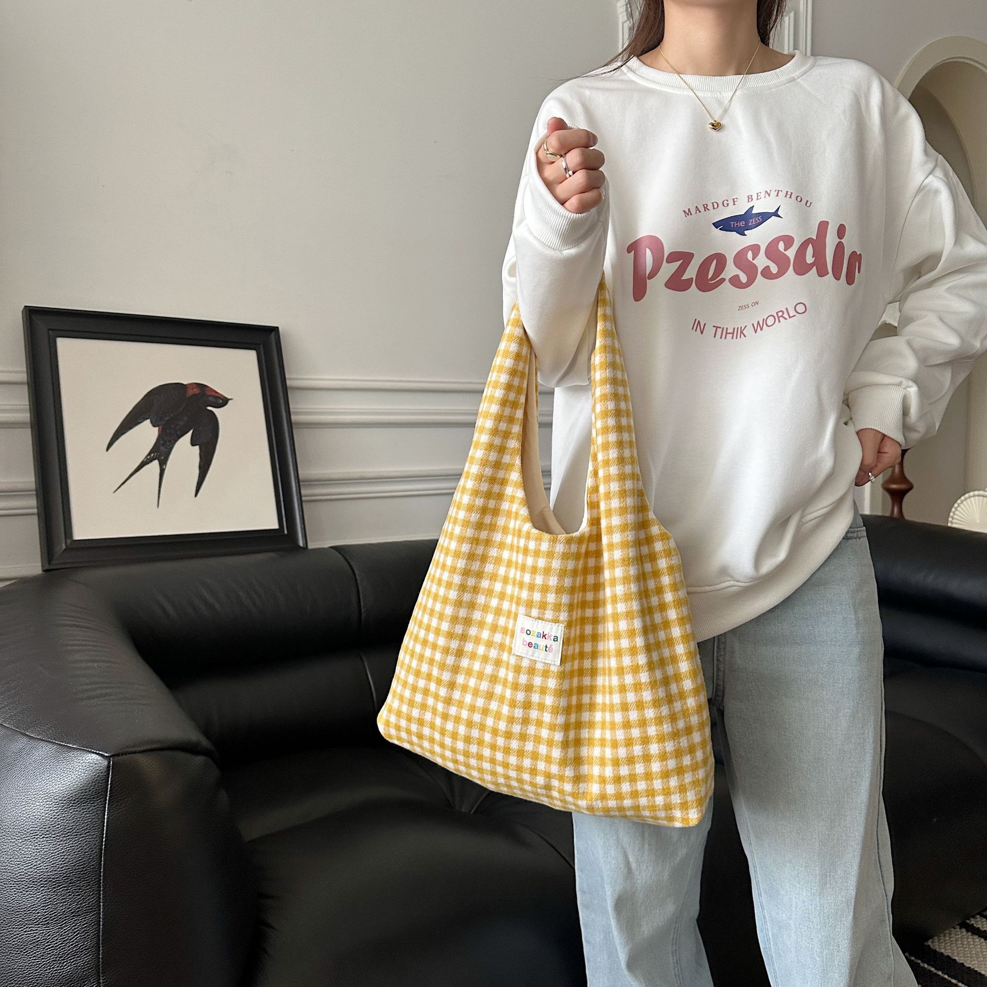 Pink Gingham Hobo Tote Bag Large Capacity Casual Shoulder Purse_voghion.com