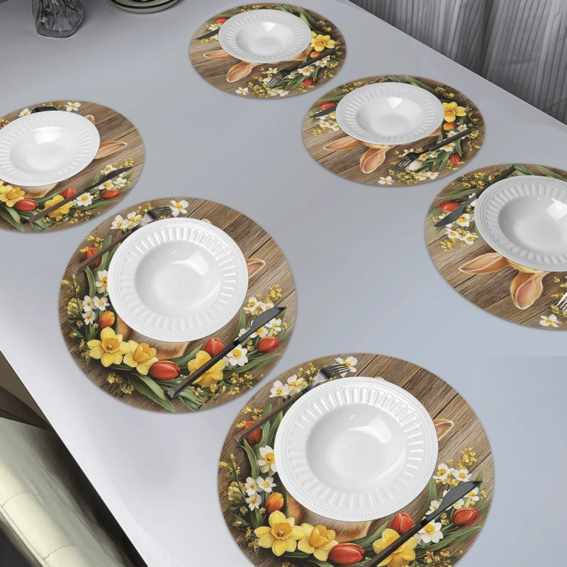Image of 6pcs Set Spring Rabbit & Yellow Floral Wreath.round Placemats Set Of 6, Non- Fabric Polyester, Hand Washable, 15in Elegant Dinner Table Mats For Home And Restaurant Decor