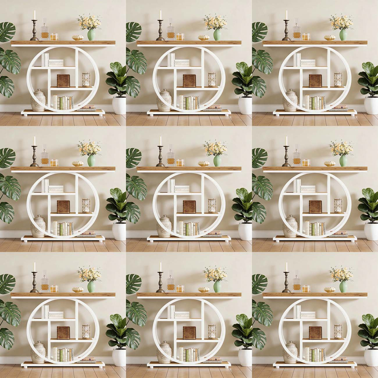 41.3'' Industrial Console Table, 4-tier Narrow Sofa Entryway Table With Circular Base & Storage Shelves, Wood Accent Table For Living Room, Hallway & Foyer