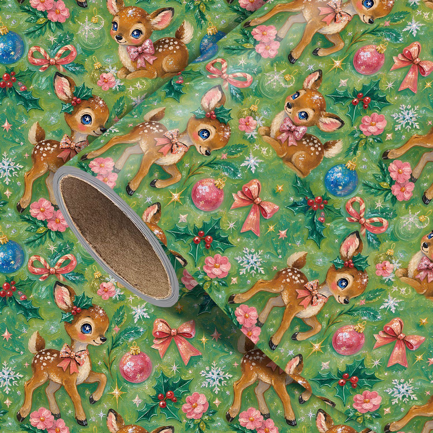 TEMU Vintage Christmas Wrapping Paper Roll - 44.96cm X 299.72cm, Featuring Holly, Bows, Ornaments, And A Cute Reindeer With Pattern, Ideal For