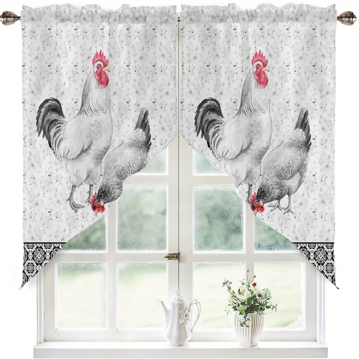 TEMU rideaux triangulaires à motif coq et poule dans un style rustique, parfaits pour la décoration de fenêtres de cuisine, salon et salle de bain,