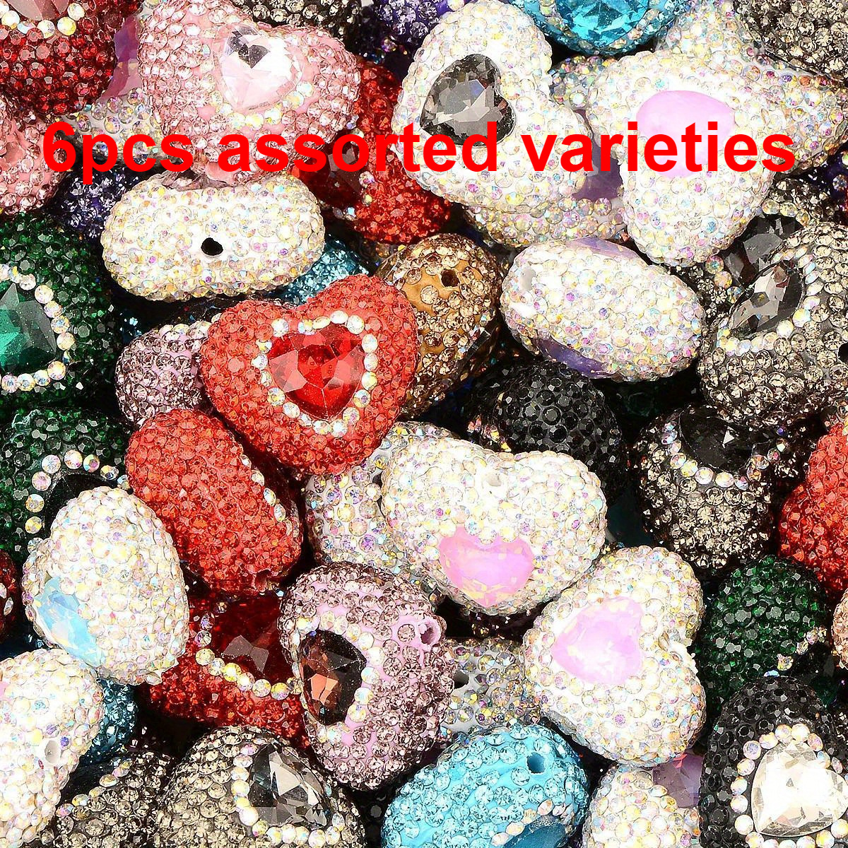 TEMU [vibrant Decorative Beads] 6pcs Random .8x2.4cm Heart Acrylic Beads High-quality Colorful Rhinestones Sparkling Heart Beaded Through Hole Spacer