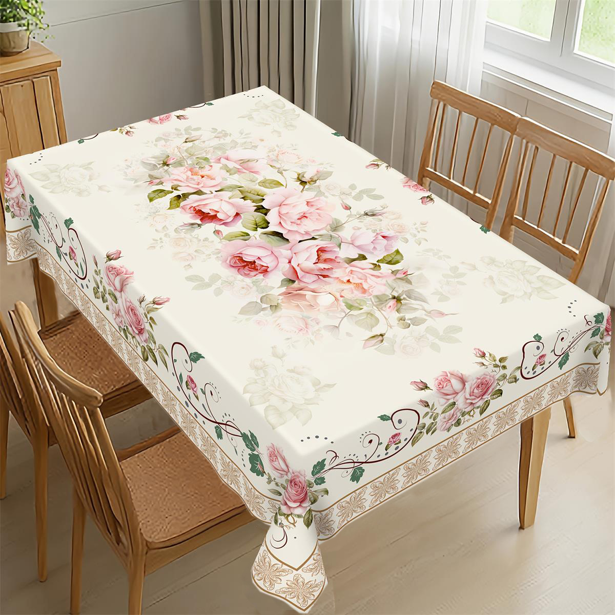 TEMU 1pc, Spring/summer Romantic Design Tablecloth, Elegant Floral Print, Home Kitchen Table Protection, Suitable For Indoor And Outdoor Use, Home