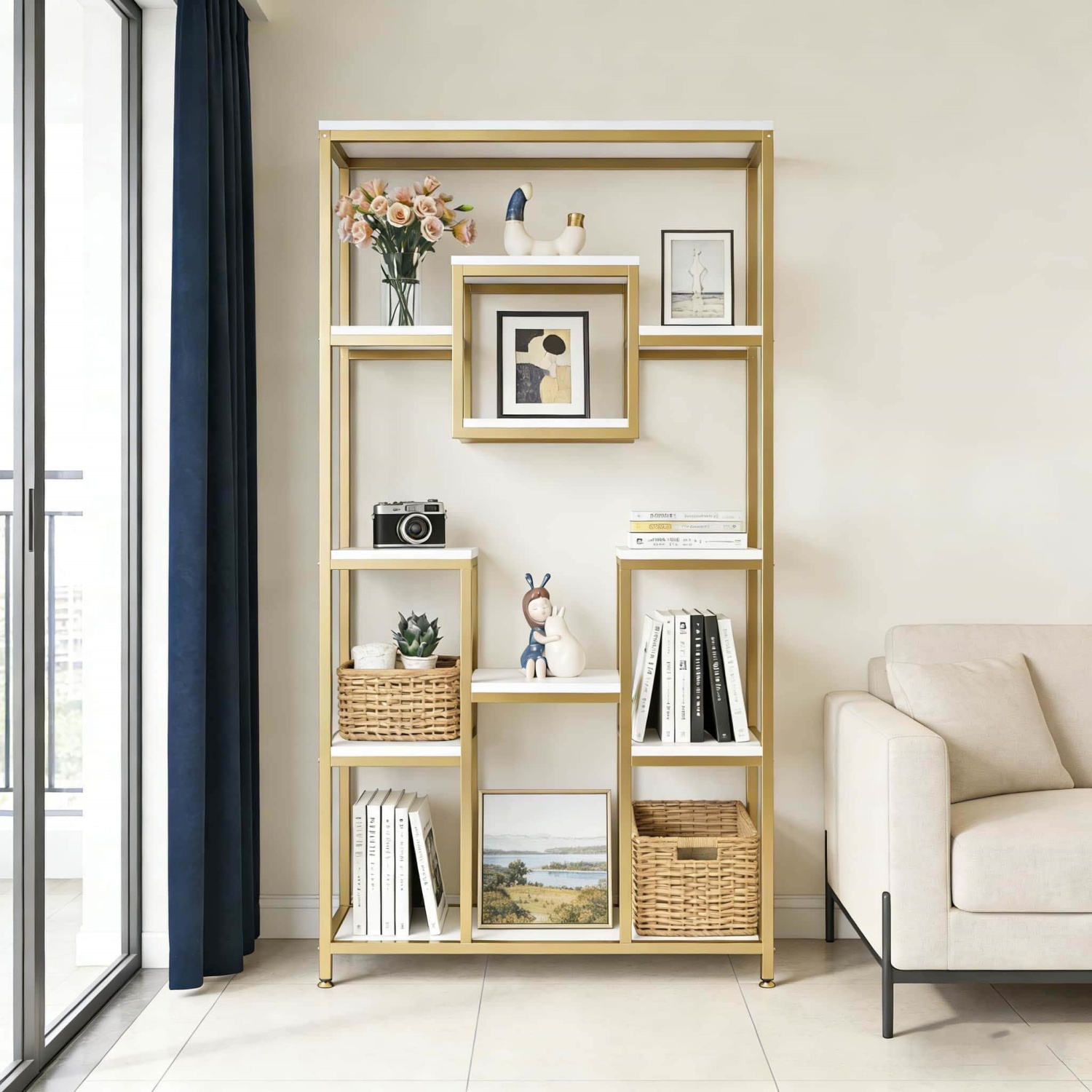 11-tier Open Storage Bookcase, 180cm High Modern Freestanding Display Shelf, Multipurpose Organizer For Living Room, Bedroom, Home Office, Golden And White