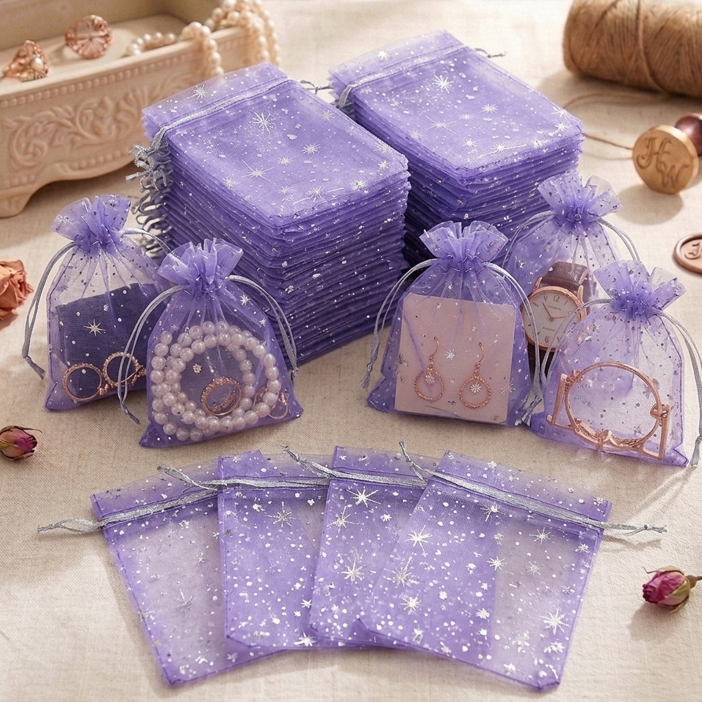 TEMU 98pcs Sacs Cadeaux en Organza Violet Étoile Argentée, Pochettes à Cordon en , Sacs de de Bijoux Transparents avec Nœud en Ruban Brillant pour