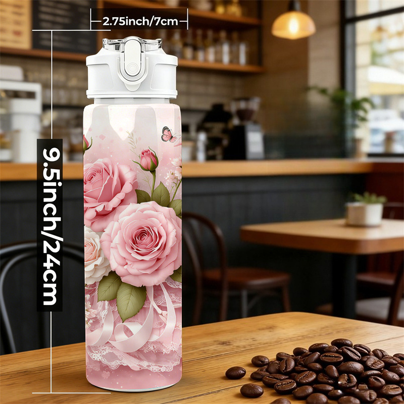 TEMU 1pc 25oz/ 750ml Sports Cup Water Bottle 2d Printed With Lid And Straw Delicate Light Pink Roses With , Lace, Satin Ribbons, And A Tiny A Gentle