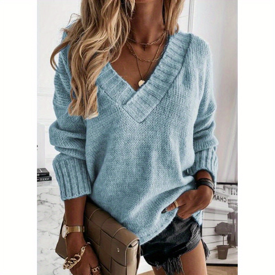 

Plus Size Autumn And Winter New Solid Color Sweater Women's V-neck Long-sleeved Pullover Sweater Top - Blue -l/xl/2xl/3xl