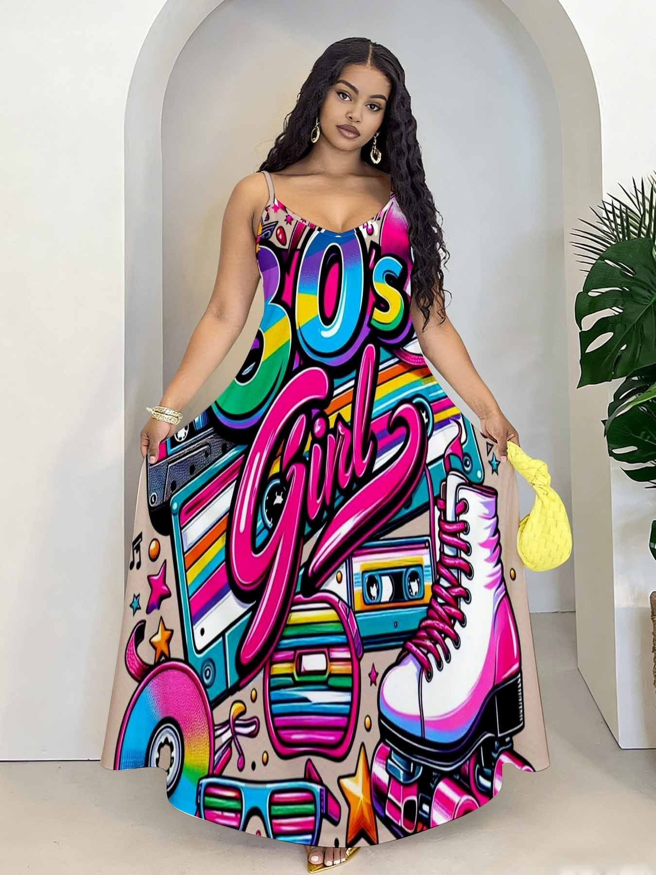 80s retro graffiti print maxi dress plus size suitable for casual and sports wear