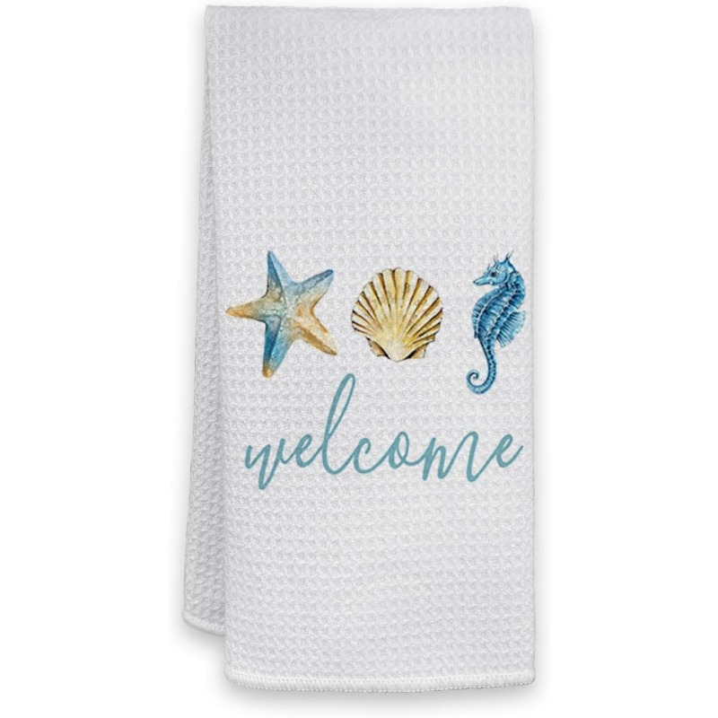 

1pc Towel 18x26" - Decorative Nautical Tea Towel With Starfish, Seashell & , Welcome Message, Kitchen & Bathroom Decor, Machine Washable, Polyester, Dish Towels For Kitchen